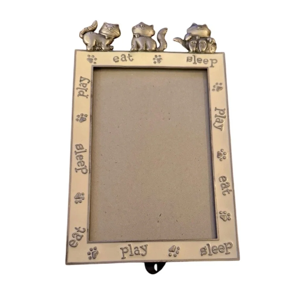 Vtg Pewter Style Cat Picture Frame‎ Eat Play Sleep Paw Prints Silver Cream 5x7